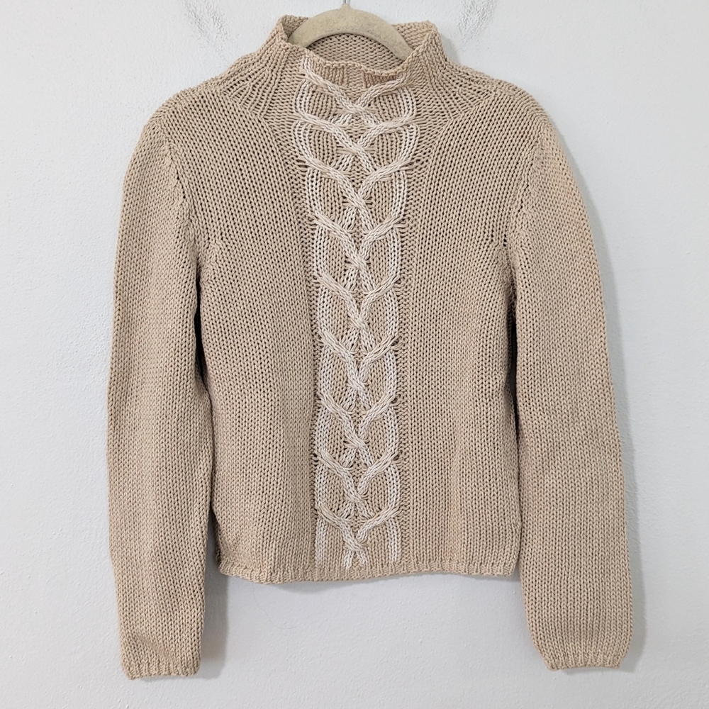 Brunello Cucinelli 100% Cotton Cable Knit Mock Neck Sweater Beige Small S